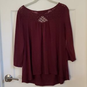 Maroon blouse with lace neckline